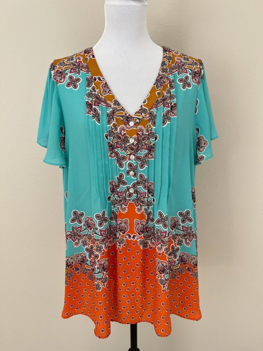 Rose + Olive Flutter Sleeve Blouse - Coral Turquoise Multi - Size 1X